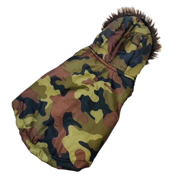 Simply Dog Camo Dog Coat Jacket Faux Fur Hood Trim - Picture 3 of 14